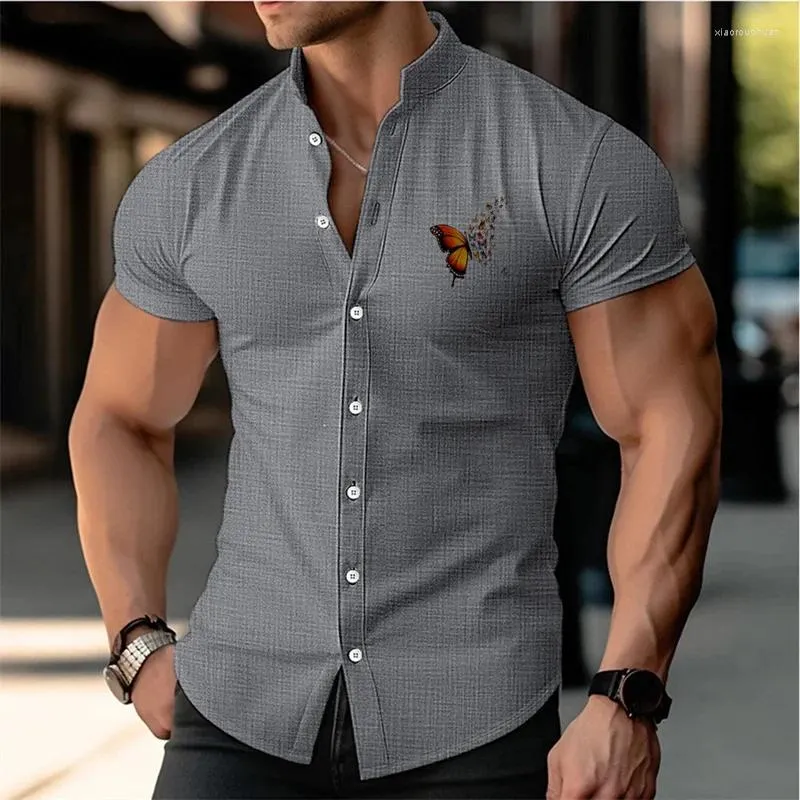 Camisas casuais masculinas camisa roupas étnicas manga curta padrão borboleta vintage preto cinza macio confortável plus size