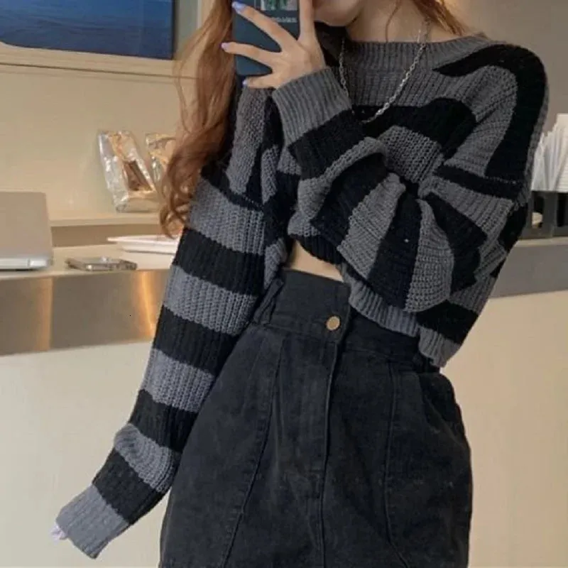 Womens Sweaters Deeptown Korean Style Striped Cropped Sweater Women Vintage Oversize Knit Jumper Female Autumn Long Sleeve Oneck Pullovers Tops 231216