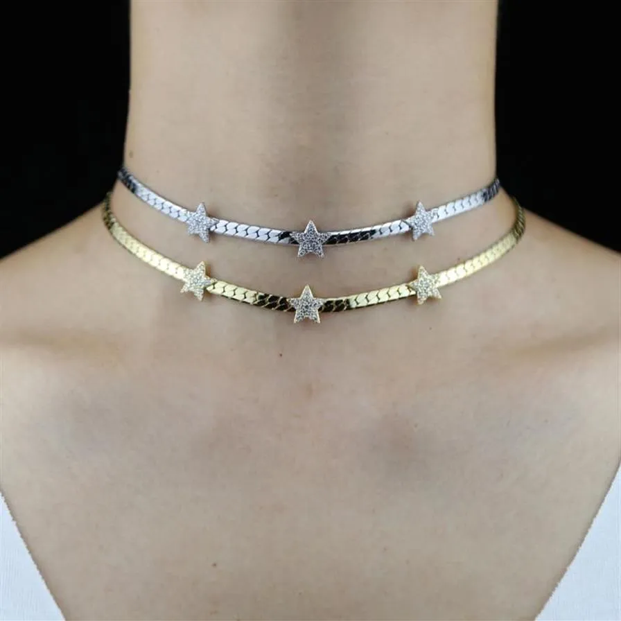 Gioielli da donna classici alla moda di alta qualità Colore oro a spina di pesce Catena a stella Micro pavimenta Collana girocollo con ciondolo bianco CZ trasparente Choker179N