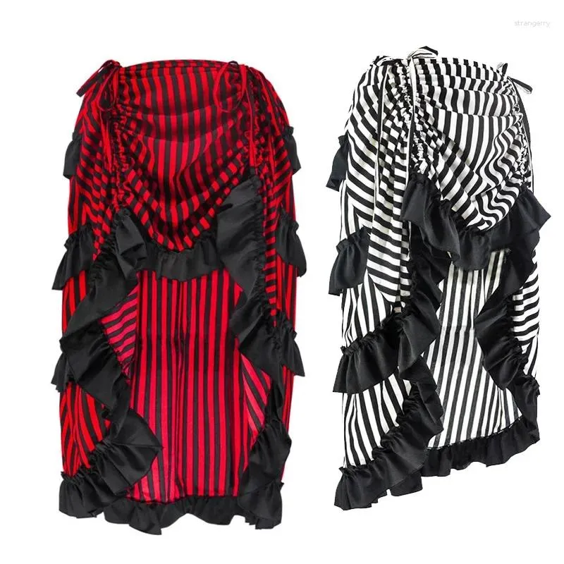 Skirts Multicolor Lady Gothic Steampunk Pinstripe Skirt Rock Gypsy Vintage Costume Front Lace-Up Layer Clubwear Outfit