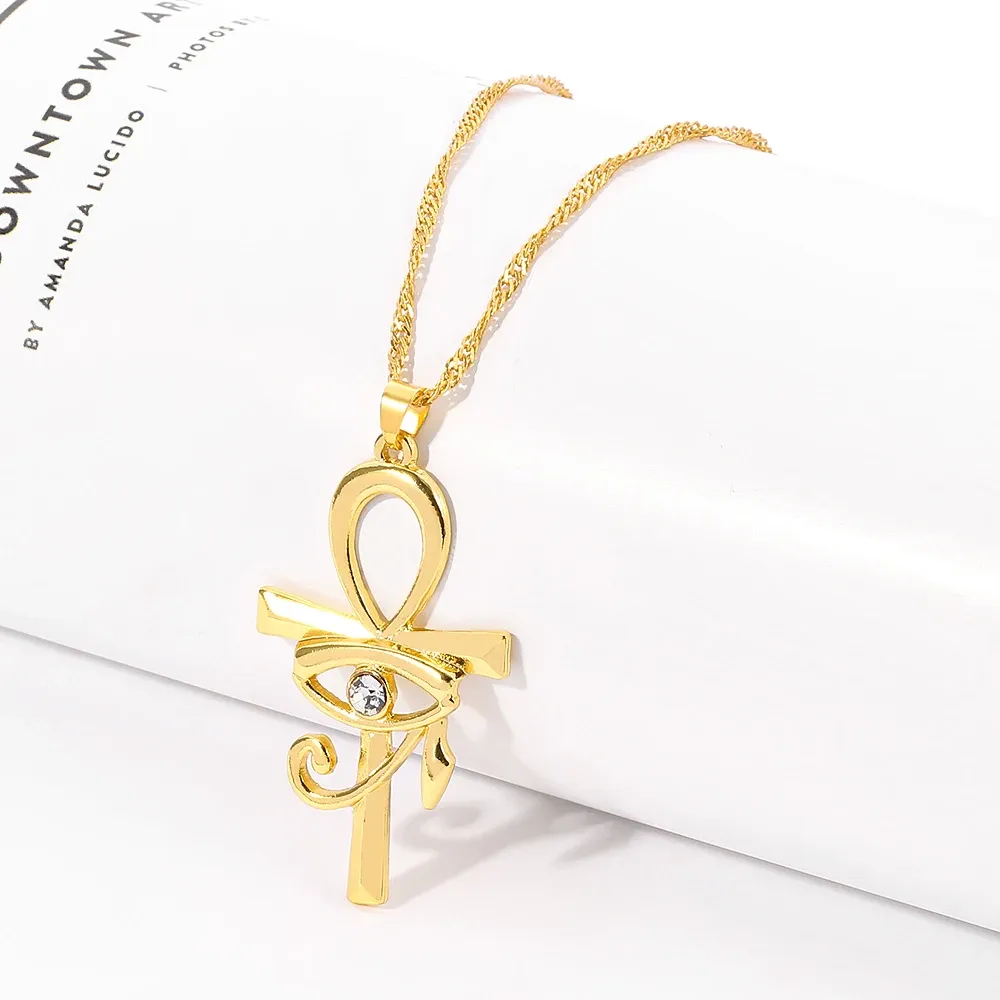 Collier avec pendentif croix égyptien Ankh en or jaune 14 carats pour femmes et hommes, amulette œil d'Horus, symbole de vie, colliers en croix, bijoux africains, cadeaux