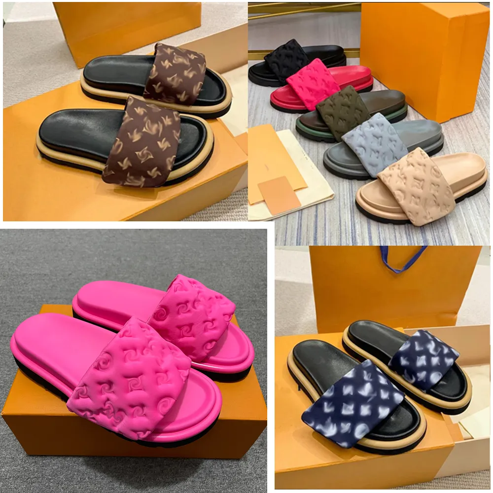 Piscina diseñador almohada sandalias parejas zapatillas hombres mujeres verano zapatos planos moda playa zapatillas diapositivas con sexy playa sandalias negras