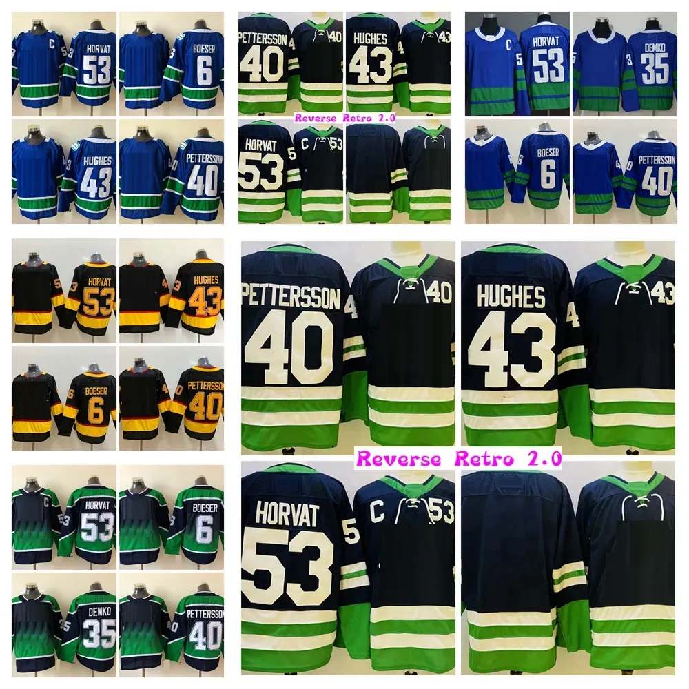 2023 Reverse Retro 53 Bo Horvat Hockey-Trikots Home Blue 6 Brock Boeser 40 Elias Pettersson 43 Quinn Hughes 35 Thatcher Demko Jersey Black G