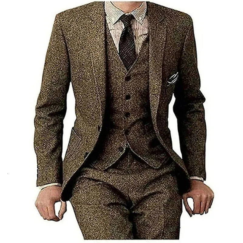 Men's Suits Blazers Tweed Herringbone Slim Fit Brown Tan Tuxedos Vintage Blazer Jacket Vest Pants Groom Wedding 3 Piece Suit 231216