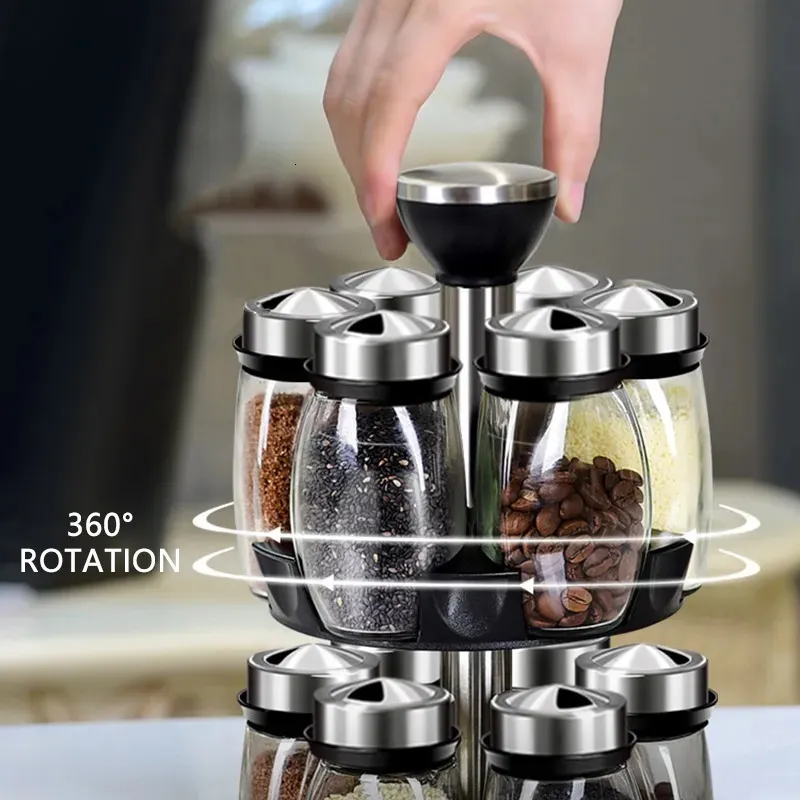 360 Rotating Spice Jar with Glass Bottle, Pepper Sugar Salt Sealed ...