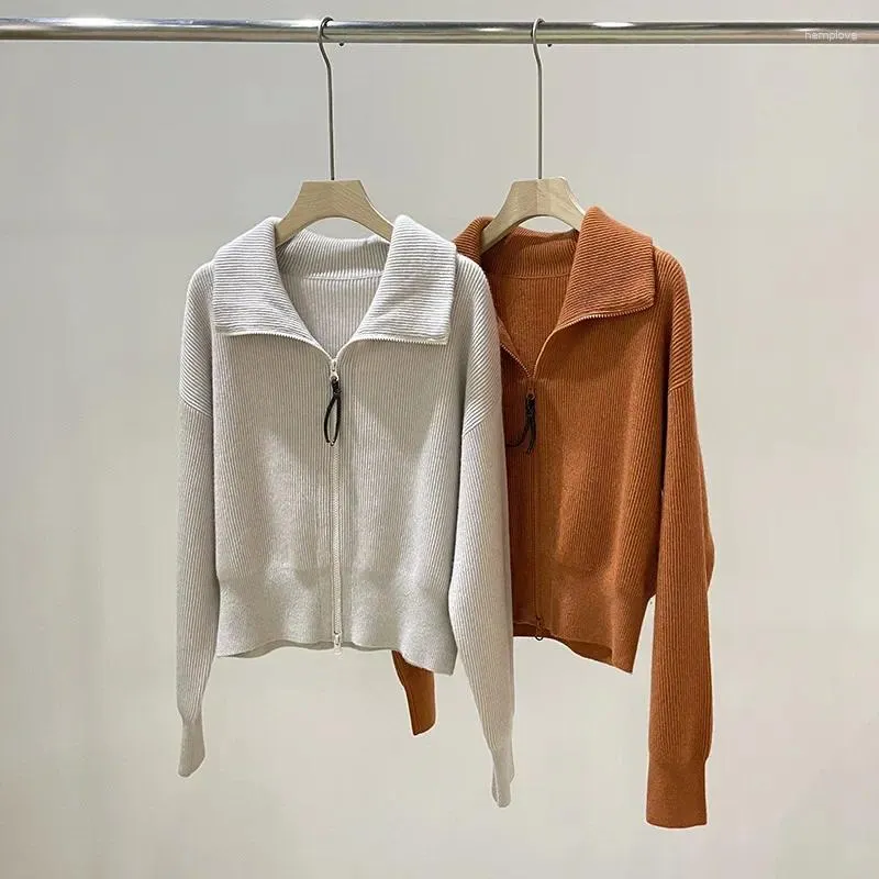 Malhas femininas outono e inverno corrente zíper gola polo cashmere malha cardigan solto curto camisola casaco esportes ao ar livre