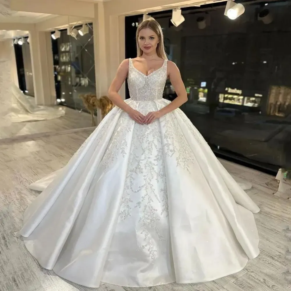white pleated classic strapless sleeveless a line maxi dress Deep V-Neck Sleeveless A-Line Wedding Dress Spaghetti Straps Applique Cutout Bride Gowns Ivory / US14 main image 0