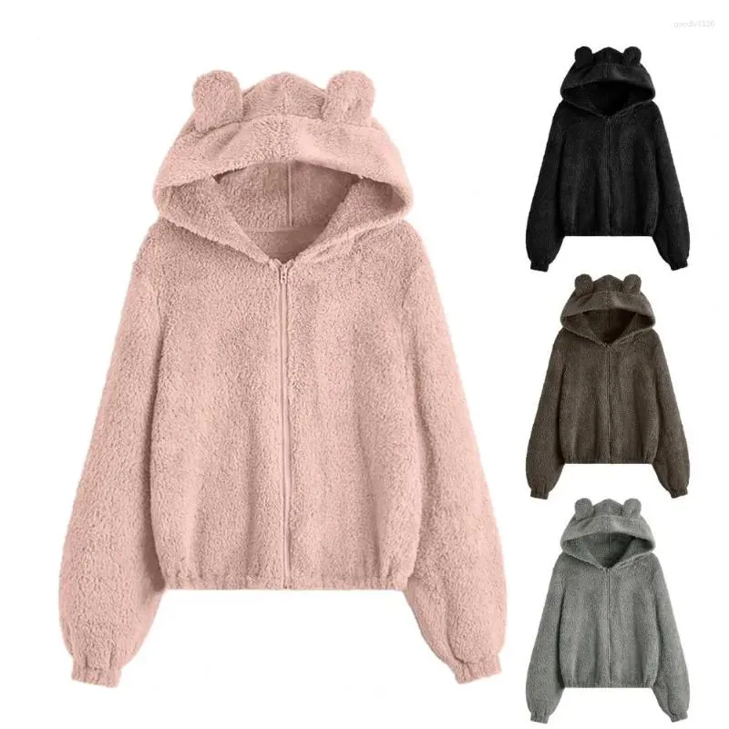 Damenjacken Kawaii Reißverschluss Fuzzy Hoodies Niedliche Ohren Kapuzenpullover Winter Damen Sweatshirts Warme Langarmoberteile Fleece Patchwork