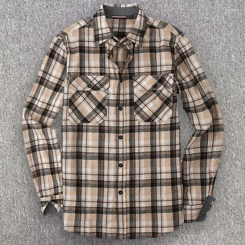 Camicie casual da uomo Camicia scozzese a maniche lunghe Puro cotone applicato sul davanti Tasca sul petto Vestibilità regolare Colletto abbottonato Flanella smerigliata