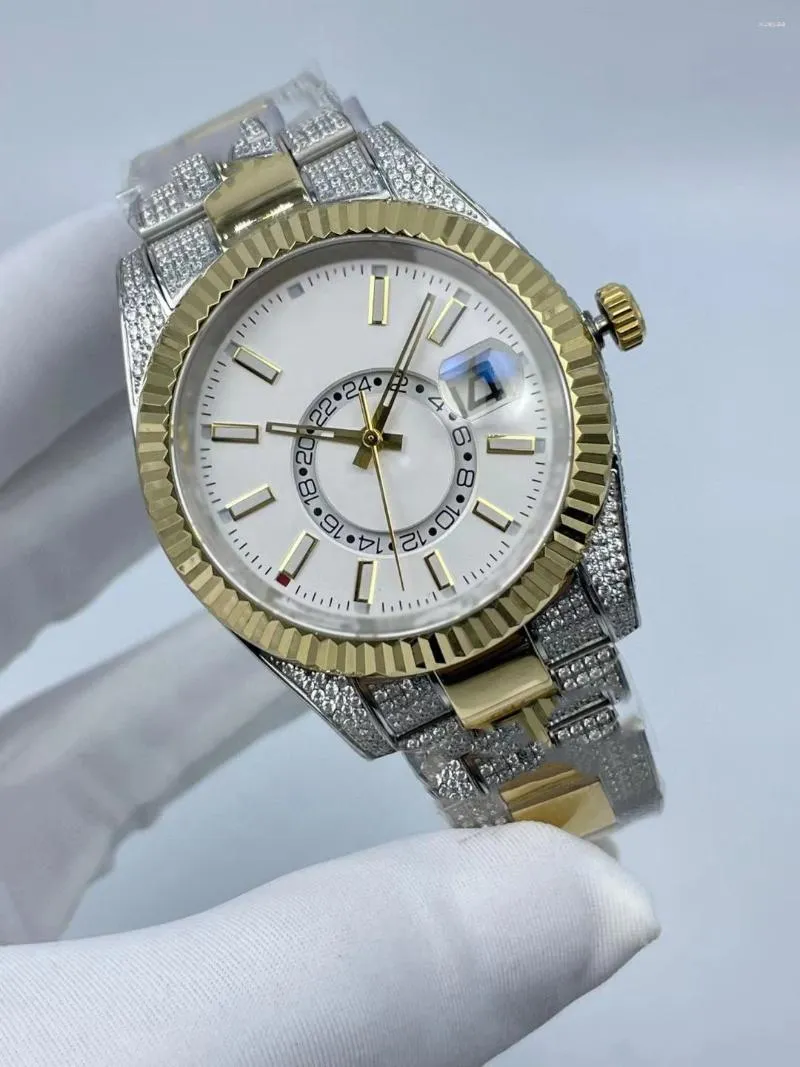 Wristwatches " Mens Watch Diamond Case With Strap 42mm Calendar Mechanical Movement Sapphire Mirror Surface"