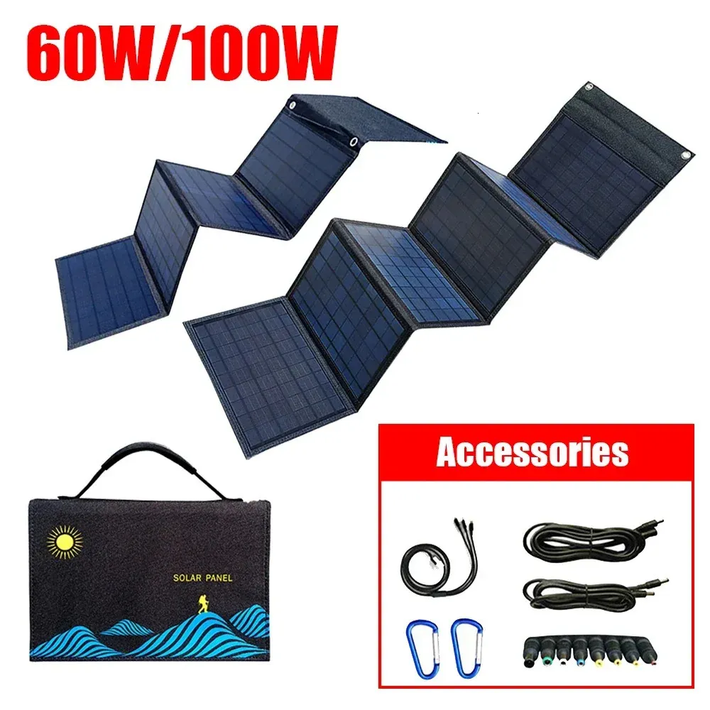 Inne elektronika 100 W 60W Solar Panelu Solar Portable Solding Bag Bank do awaryjnego telefonu Awaryjnego Ładowarka Bateryjna USB DC Wodoodporność 231216