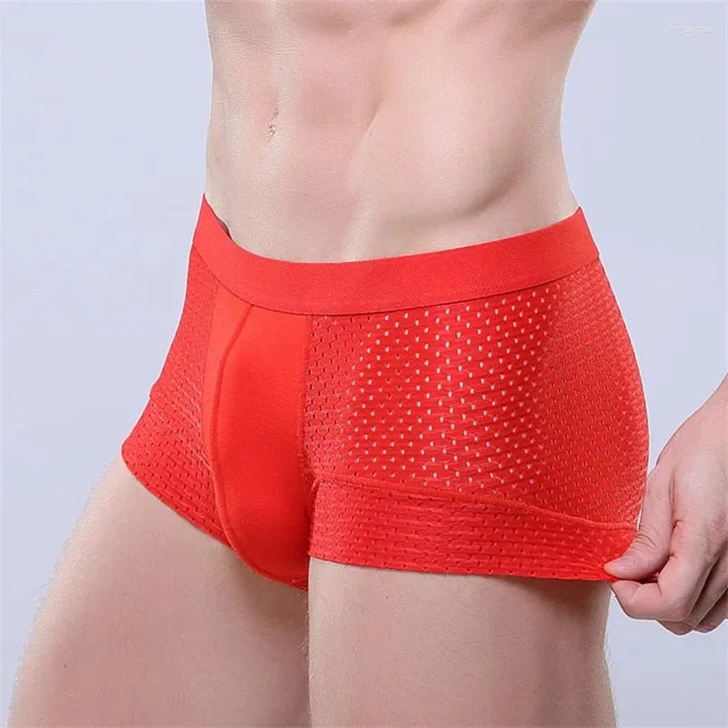 Calzoncillos de verano para hombre, malla de seda de hielo, ropa interior transpirable, color sólido, pantalones cortos sexys de cuatro esquinas, cómodo ángulo plano de cintura media