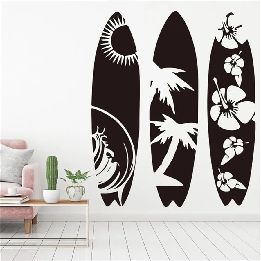 Grande conjunto de 3 adesivos de parede para prancha de surf, quarto, sala de estar, verão, praia, prancha de surf, decalque de parede esportivo, quarto infantil, vinil t2478