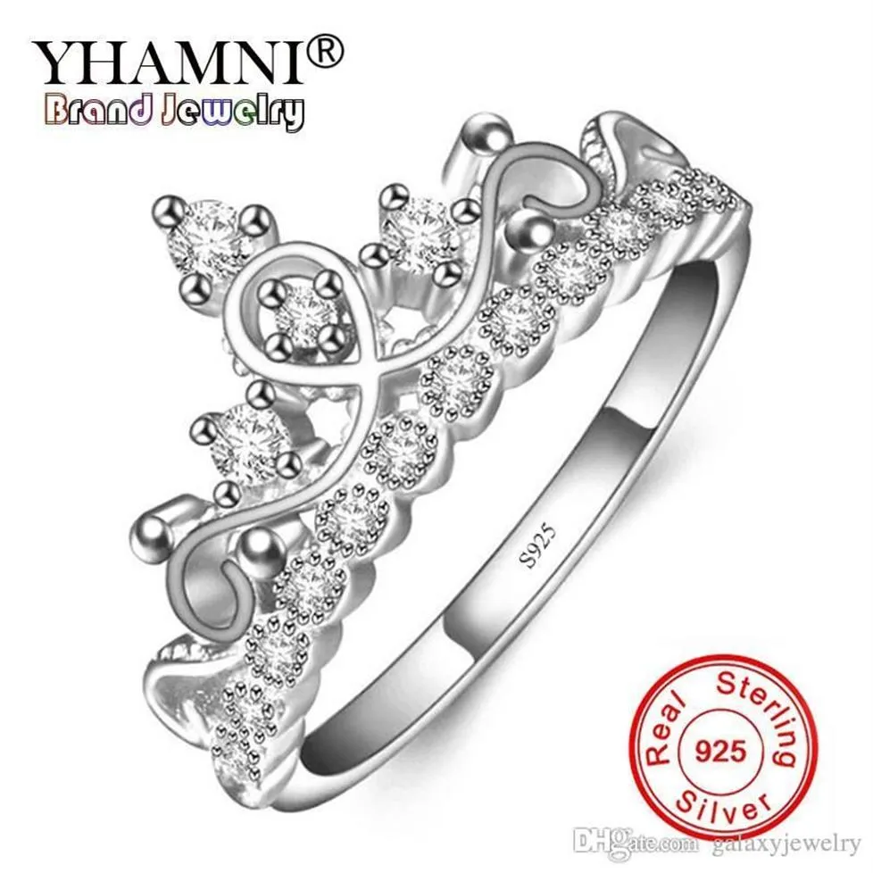 Yhamni Original 925 Sterling Silver Crown Ring Princess Style Cubic Zirconia Jewelry Engagement Wedding Ring for Women ZR1782215