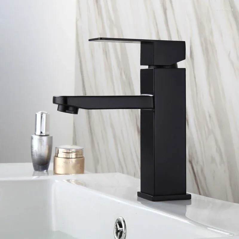 Rubinetti per lavandino del bagno Rubinetto per lavabo Moda in acciaio inossidabile Quadrato nero Foro singolo Vernice per cottura Rubinetti per acqua fredda e miscelatore