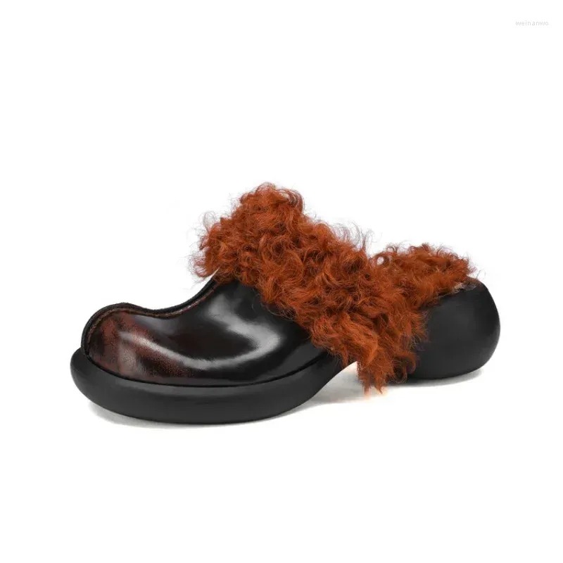 Pantofole Vintage Capelli/lana Autunno e Inverno Peluche Moda da donna Nero Marrone Caldo Scarpe da esterno in cotone con tacco alto