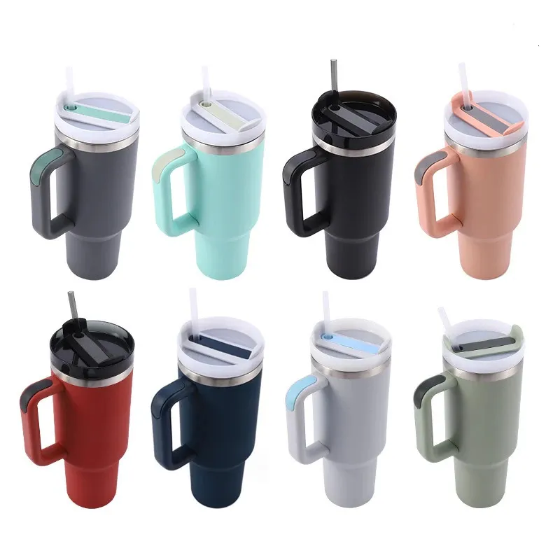 Wasserflaschen 40 Unzen Thermo-Kaffeetasse mit Griff und Strohhalm Tragbare Auto-Edelstahl-Isolierflasche Große Kapazität Reisebecher 231216