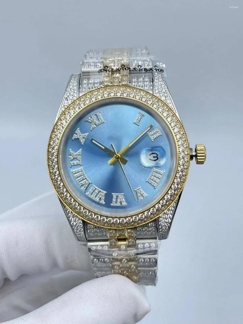 Relógios de pulso "Full Diamond Mens Watch 41mm Precision Steel Bezel e Exquisite Strap Movimento Mecânico"