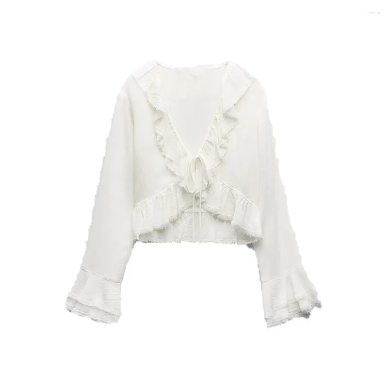 Damesblouses Zach Aiisa Zomermode All-match Zoete gegolfde revers Lange mouwen V-hals Gelaagd overhemd met decoratieve textuur