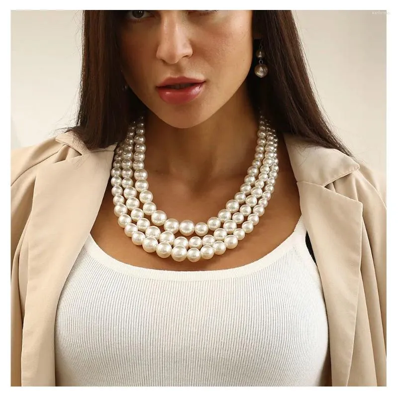 Necklace Earrings Set Fashion Women's Big Pearl Clavicle Multi Layered And Drop Exaggerate Beads Jewelry Ladies Party Accessory