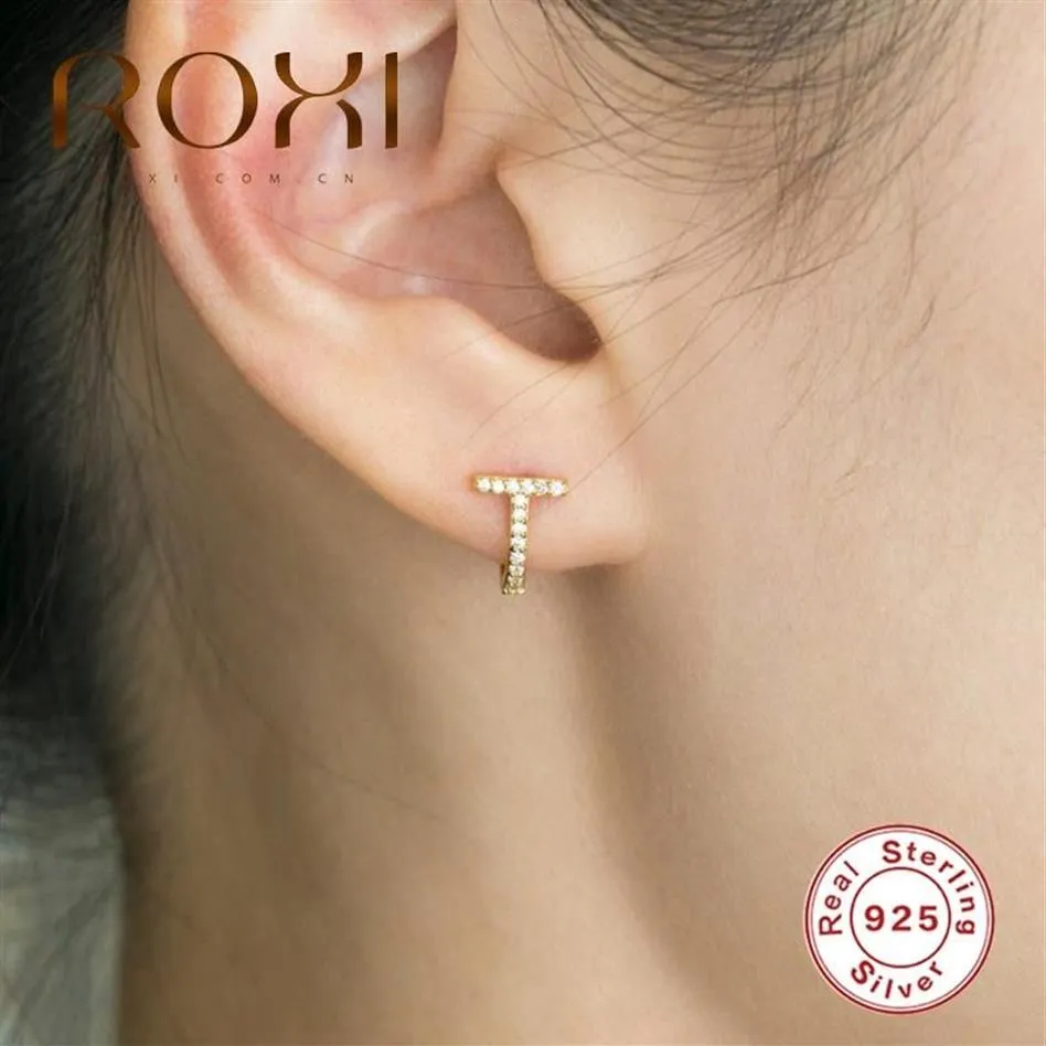 Hoop Huggie ROXI Pendientes de cristal de circón en forma de T para mujer, Pendientes de plata de ley 925 de lujo para boda, Kolczyki Jewel308Z