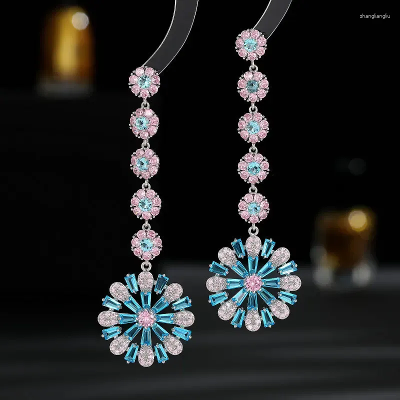 Boucles d'oreilles pendantes exquises et brillantes, pampilles en forme de fleur de soleil, 83x28mm, clou en cristal de Zircon pour femmes, joli cadeau de bijoux