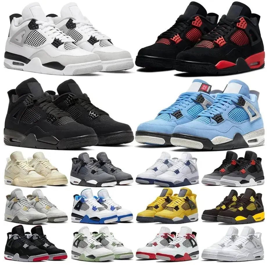 Jumpman 4 Mens Basketbol Ayakkabı 4s Askeri Kara Kedi Tuval Ateş Kırmızı Gök gürültüsü Beyaz Oreo Çam Yeşil Seafoam Kaws Yelken Nior Womens Sports Trainers Sneakers