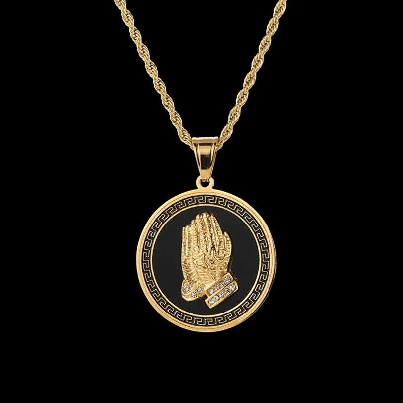 Beliebte Trandy HIPHOP Rapper Rocker Schmuck Edelstahl Runde Tags Buddha Hand Anhänger Halskette Herren Hip-Hop Zubehör Gold 272A