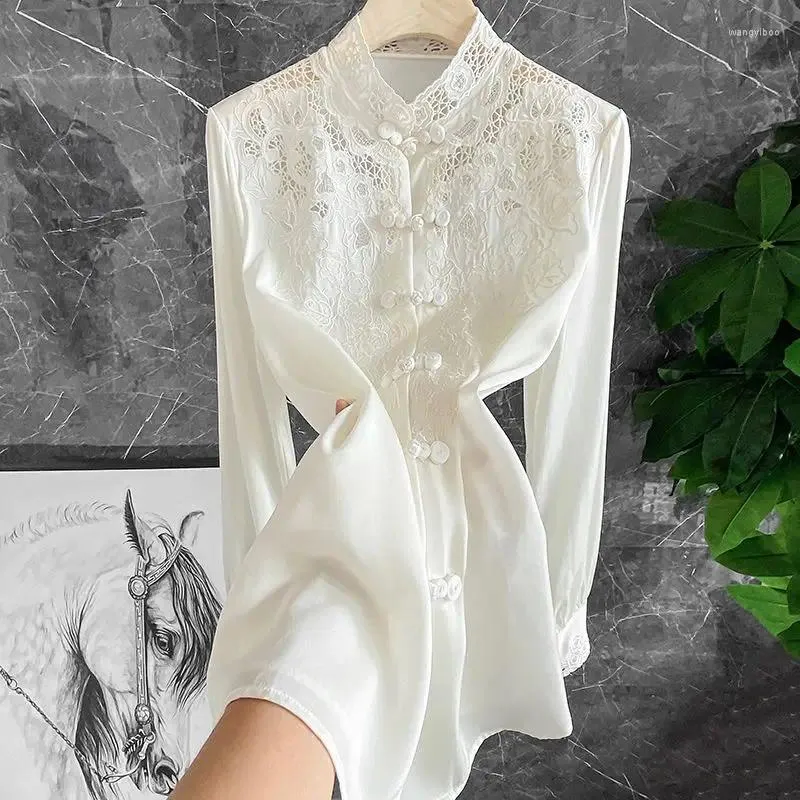 Women's Blouses Chinese Style Lace Embroidered Shirts Elegant Stand Collar Single Breasted Buckle Blouse Female Blusas Casual Clothing