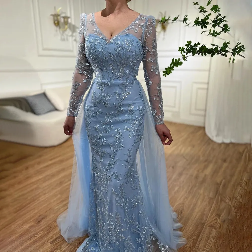 2024 Abito da spettacolo da sera a sirena di lusso con gonna oversize Perline con scollo a V trasparente Paillettes Abito formale Abiti da celebrità Abiti da gala Robe De Soiree