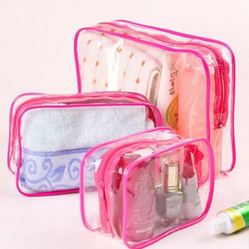 Portable zipper Transparent Cosmetic Bag Bath Wash Clear Makeup Bags Women Organizer Travel PVC Red Blue Yellow