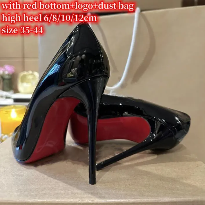 Designer-Damen-High-Heels-Schuhe, Pumps der Marke SoKate, rote, glänzende Böden, 6 cm, 8 cm, 10 cm, 12 cm, dünner Absatz, spitze Zehen, nackte schwarze Lackleder-Abendschuhe mit rotem Staubbeutel, Größe 34–44