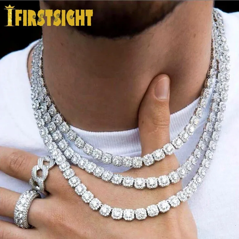 Pendant Necklaces Iced Out Bling 5A Cubic Zirconia Square CZ Necklace Silver Color 8mm Tennis Chain Hip Hop Fashion Jewelry Men Women 231216