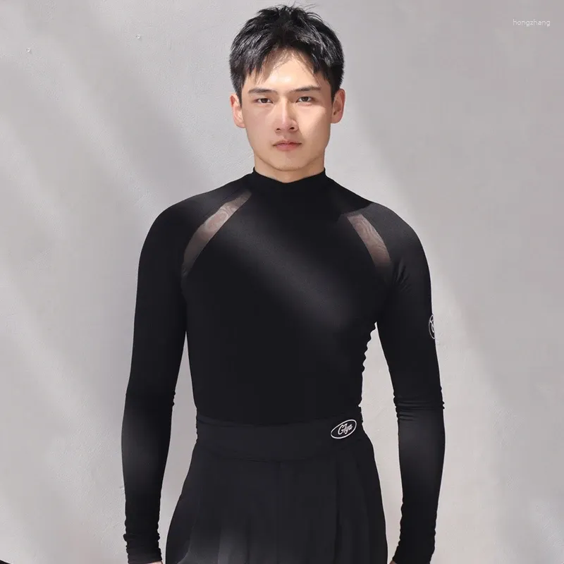 Stage Wear Latin Dance Tops For Men Modern Long Sleeved Black High Necked Elastic Shirts Professional Chacha Rumba Clothes DQS15140