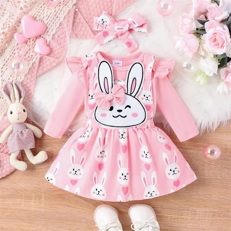 Kledingsets Baby Girl Easter Outfit Rok Geboren kleren Lange mouw Romper met cartoon Algemene jurk en hoofdband