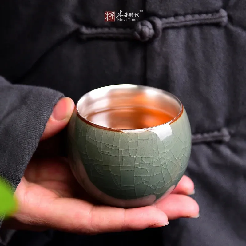 Copos de vinho 999 prata cerâmica teacup pin ming cup kungfu teaware inserção única mestre ruyao geyao chá 231216