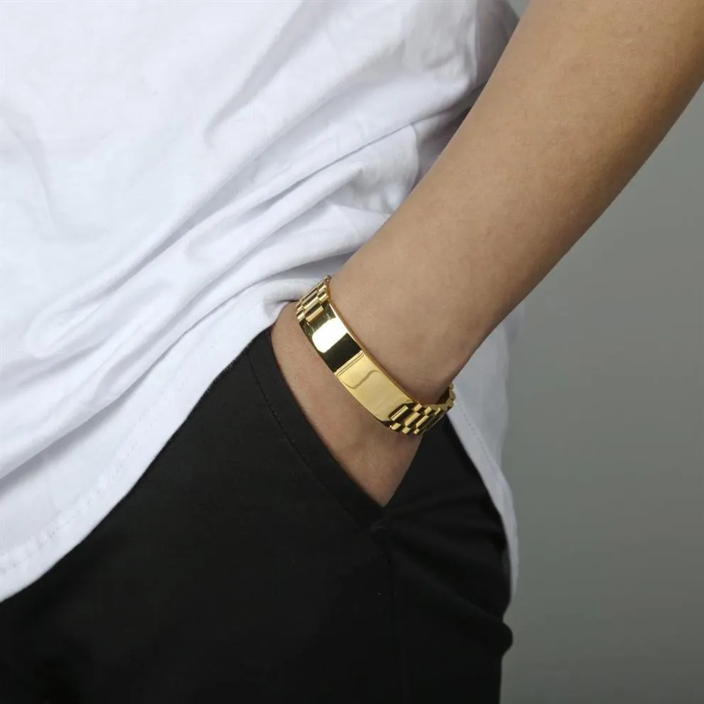 Nuevo reloj para hombre, pulsera chapada en oro, eslabones de acero inoxidable, brazaletes, joyería de Hip Hop para hombres Gift242T