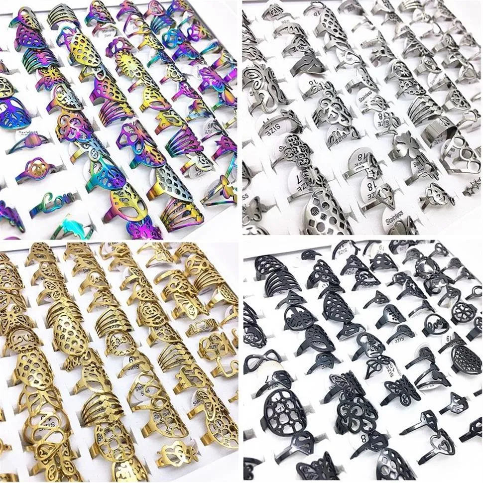 whole 50pcs stainless steel rings Mix Styles silver gold black multicolor Laser Cut Steel Finger ring for men women drop shipp237b