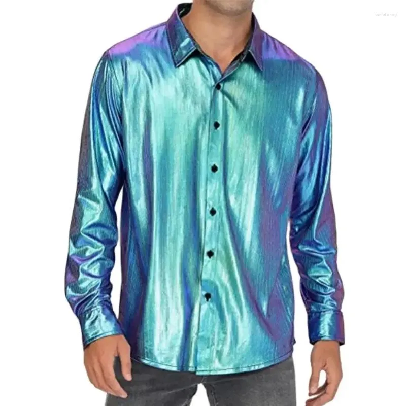 Chemises décontractées pour hommes Hommes Brillant Métallique Robe À Manches Longues Chemise Boutonnée Hommes 70s Disco Party Costume Discothèque Scène Bal