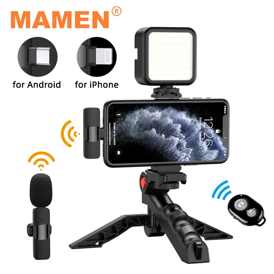 Weiteres A V-Zubehör MAMEN Wireless Vlogging Kit Telefonstativ mit Lavalier-Mikrofon LED-Licht für iPhone Android Smartphone Live-Streaming-Toolkit 231216