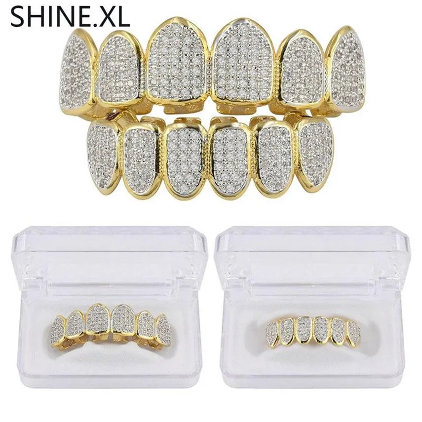 Gold versilbert Hip Hop Vampirzähne Grillz oben und unten Iced Out Micro Pave CZ Stone Bling Body Jewelry302p