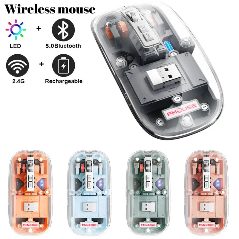 Muizen Oplaadbare Bluetooth-muis Draadloos transparant omhulsel met 2,4 GHz USB 2400 DPI Gaming voor laptop 231216