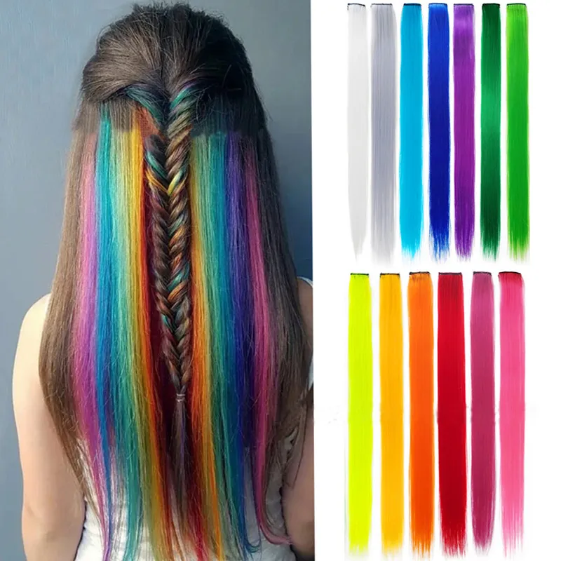 Synthetic Hair Extensions Colorful Clip On Hair Products Blue Pink Purple Black High Temperature Fiber