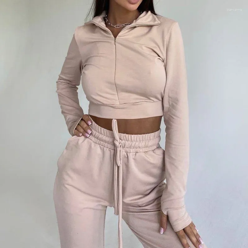 Pantalon de deux pièces pour femmes Zipper Sweat-shirt rose Femmes Ensembles Sexy Crop Top Sweats à capuche Casual Taille haute Femme Crayon Sport Automne Survêtements