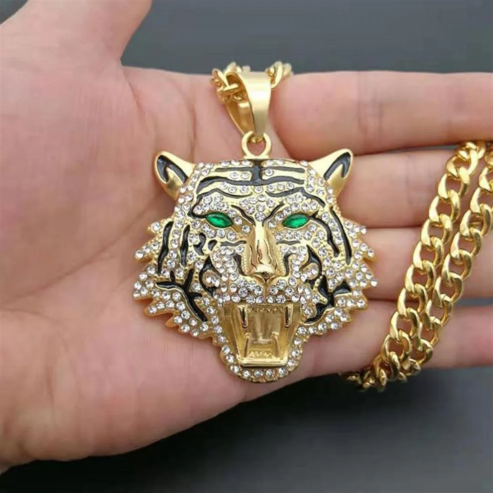 Hip Hop Strasssteine gepflastert Bling Iced Out GoldEdelstahl Big Tiger Anhänger Halskette für Männer Rapper Schmuck mit kubanischer Kette253R