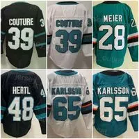 Men Blank Hockey 65 Erik Karlsson Jersey 28 Timo Meier 39 Logan Couture 48 Tomas Hertl Reverse Retro Team Black Green White Color All Stitched For Sport Fans Good High