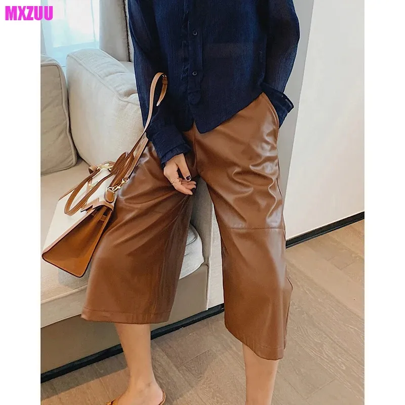 Womens Pants s Leather Cropped Trouser Caramel Black Real Sheepskin High Waist Wide Leg Straight Tube Mujer Loose Thin Pantalon 231216