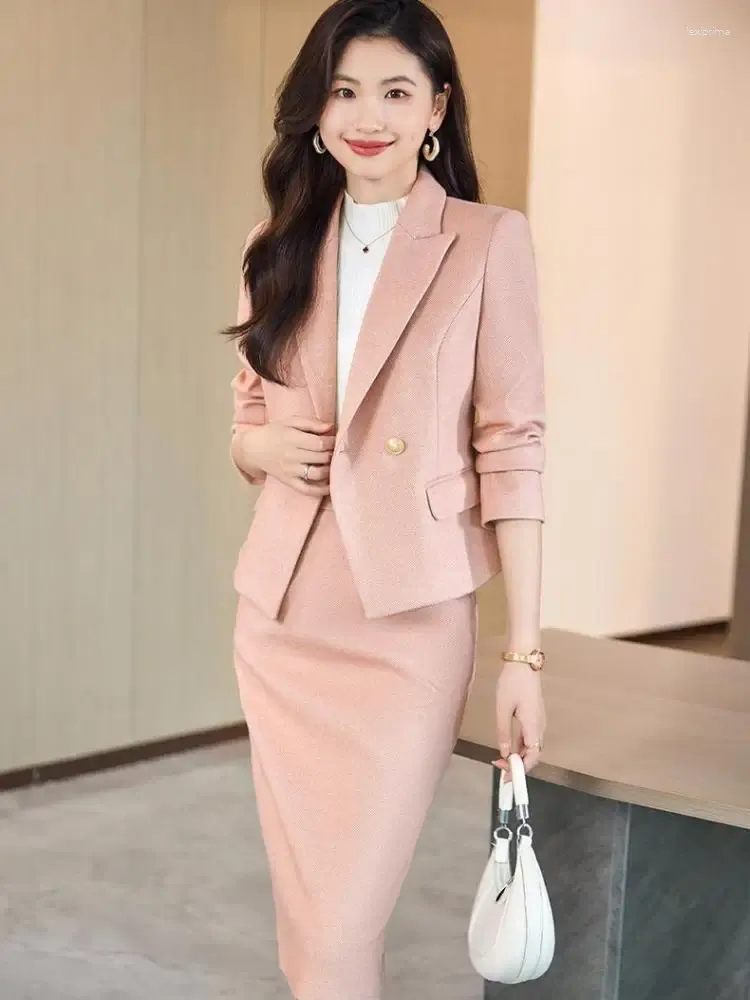 Two Piece Dress Winter Solid Woolen Businesss Slim Formal Office Lady Blazer Tops Zipper Midi Split Skirt Women 2pcs Sets Elegant Quality