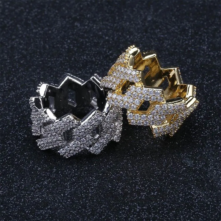 Or 18 carats et or blanc plaqué cuivre environnemental évidé hommes plein diamant glacé bague bande hip hop bijoux cadeaux pour homme Wh1862