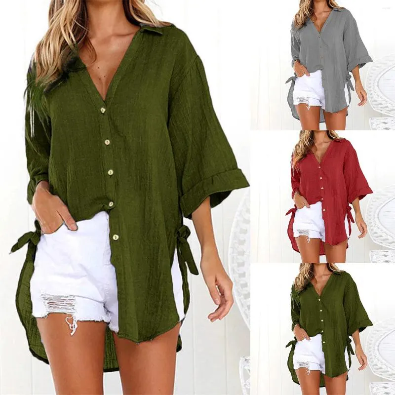 Women's Blouses Casual Tops T-Shirt Blouse For Women Loose Button Long Shirt Dress Cotton Ladies Short Sleeve Temperament Ropa Mujer